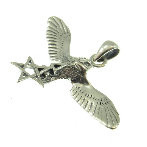 Handcrafted Solid 925 Sterling Silver Flying Owl With The Pentagram Star Pendant - Picture 4 of 5